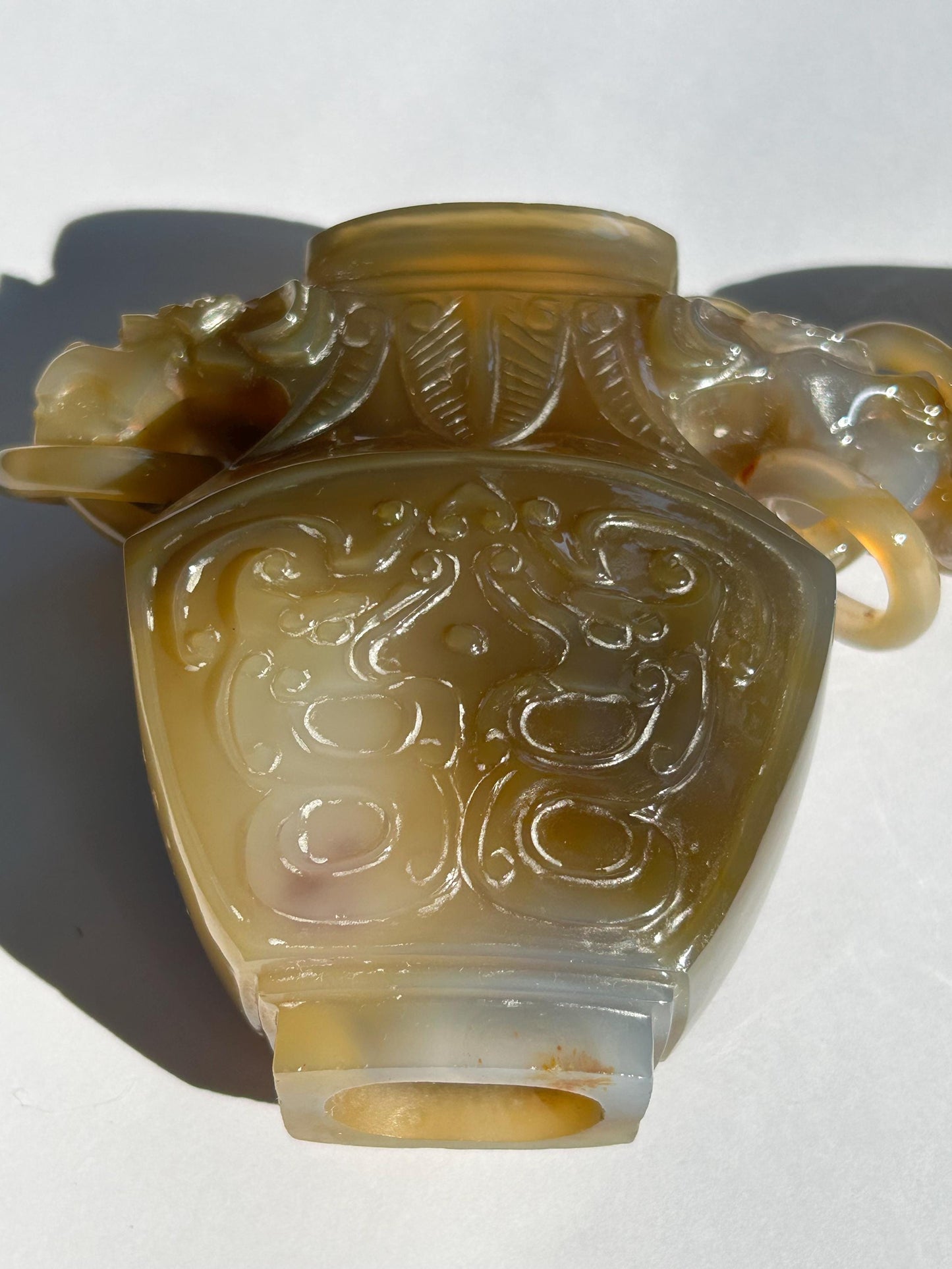 Antique Chinese Carved Agate Covered Vase w/ 13-Link Integral Chain | Late Qing to Republic | Dragon Handles | AS-IS w/ Restoration