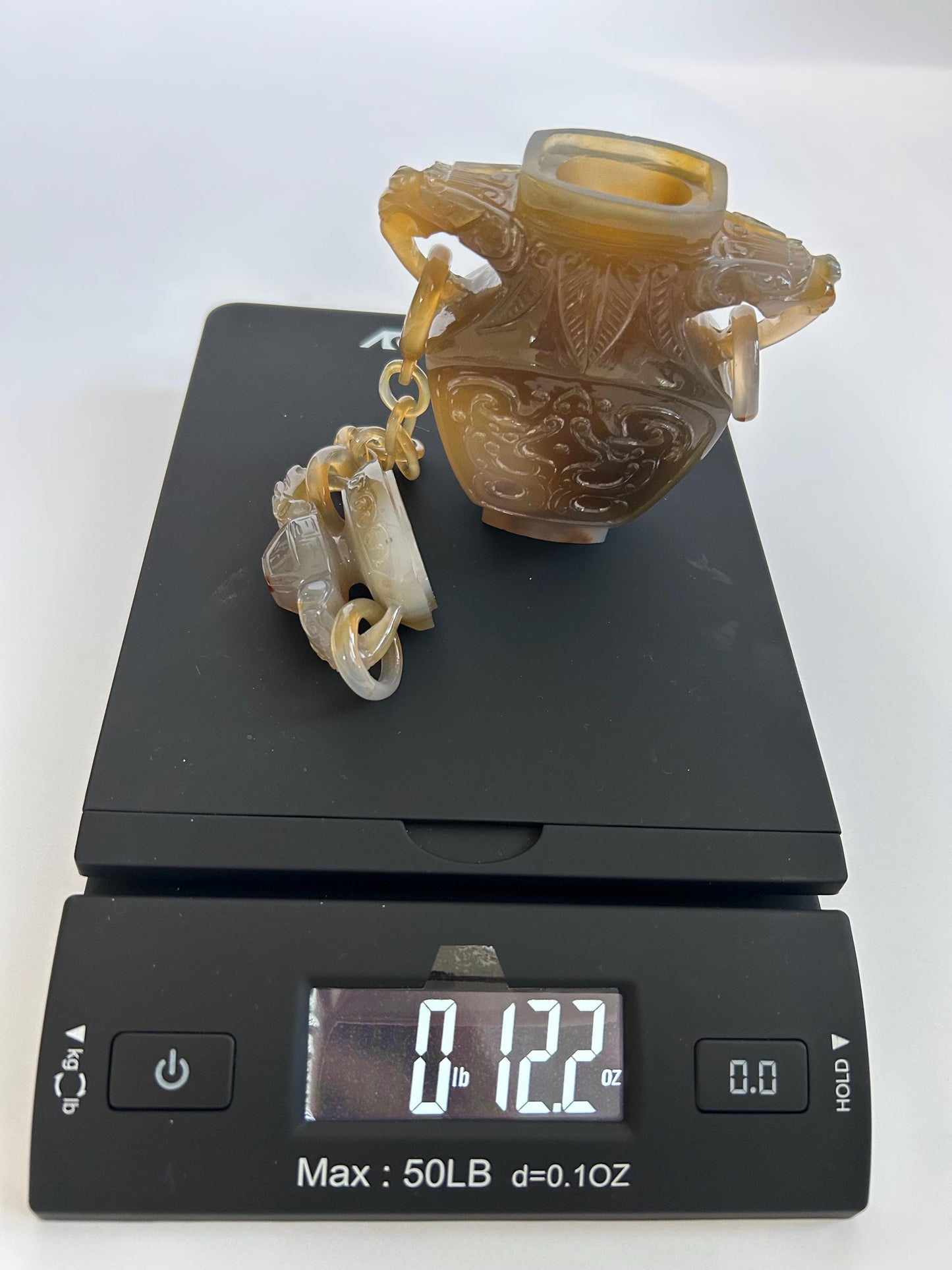 Antique Chinese Carved Agate Covered Vase w/ 13-Link Integral Chain | Late Qing to Republic | Dragon Handles | AS-IS w/ Restoration