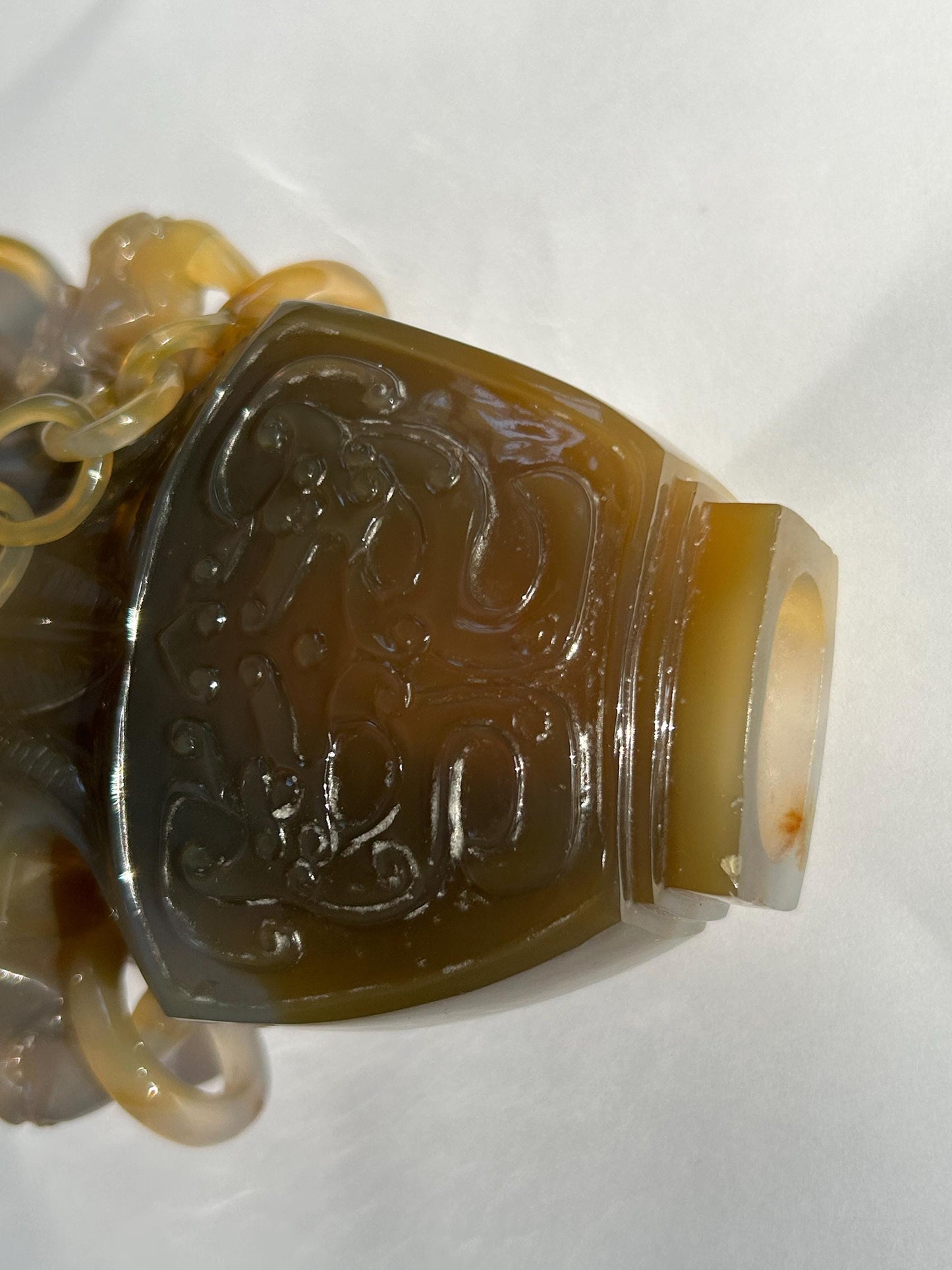 Antique Chinese Carved Agate Covered Vase w/ 13-Link Integral Chain | Late Qing to Republic | Dragon Handles | AS-IS w/ Restoration
