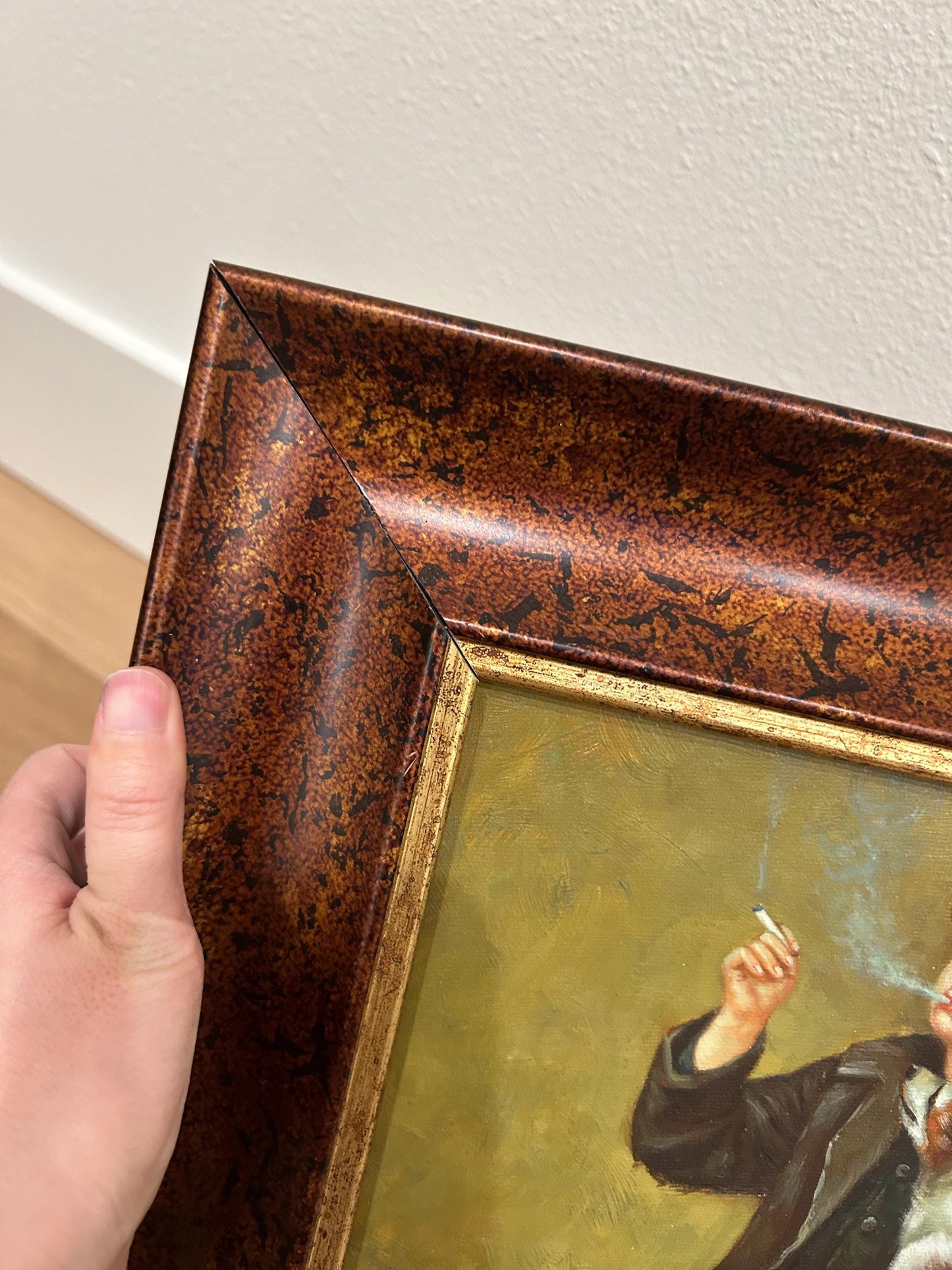 Hand-Painted Oil Reproduction Shoeshine Boy with Dog, Signed J. Morris, Framed Genre Painting, Victorian Street Scene Wall Art Decor
