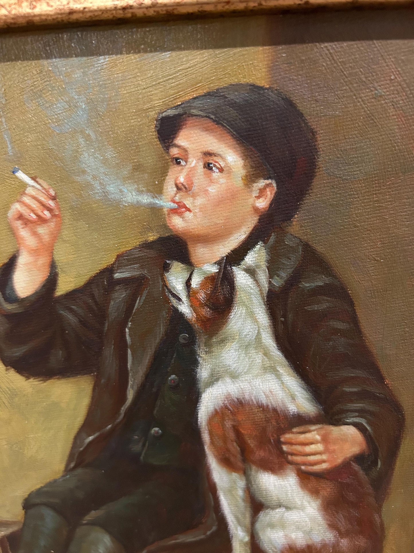 Hand-Painted Oil Reproduction Shoeshine Boy with Dog, Signed J. Morris, Framed Genre Painting, Victorian Street Scene Wall Art Decor