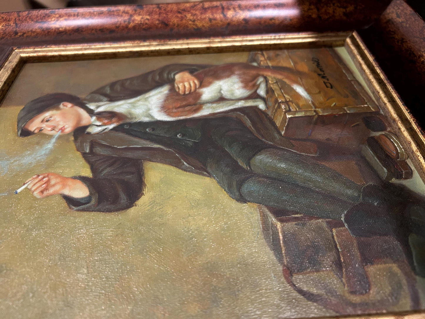 Hand-Painted Oil Reproduction Shoeshine Boy with Dog, Signed J. Morris, Framed Genre Painting, Victorian Street Scene Wall Art Decor