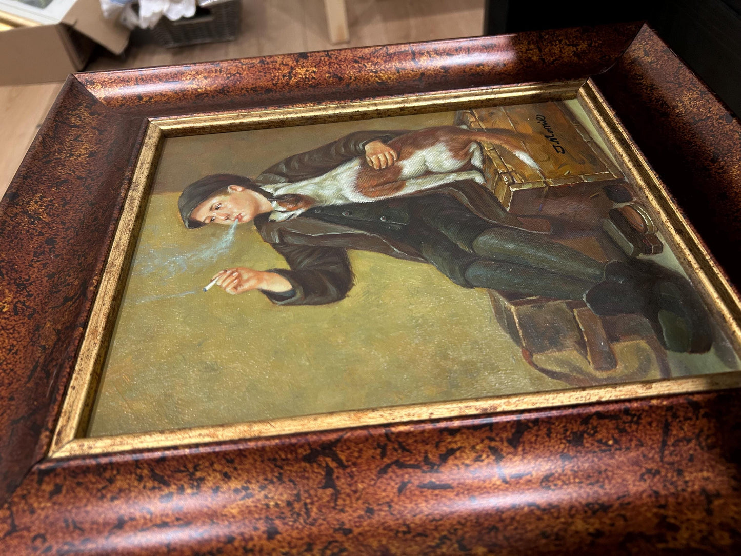 Hand-Painted Oil Reproduction Shoeshine Boy with Dog, Signed J. Morris, Framed Genre Painting, Victorian Street Scene Wall Art Decor