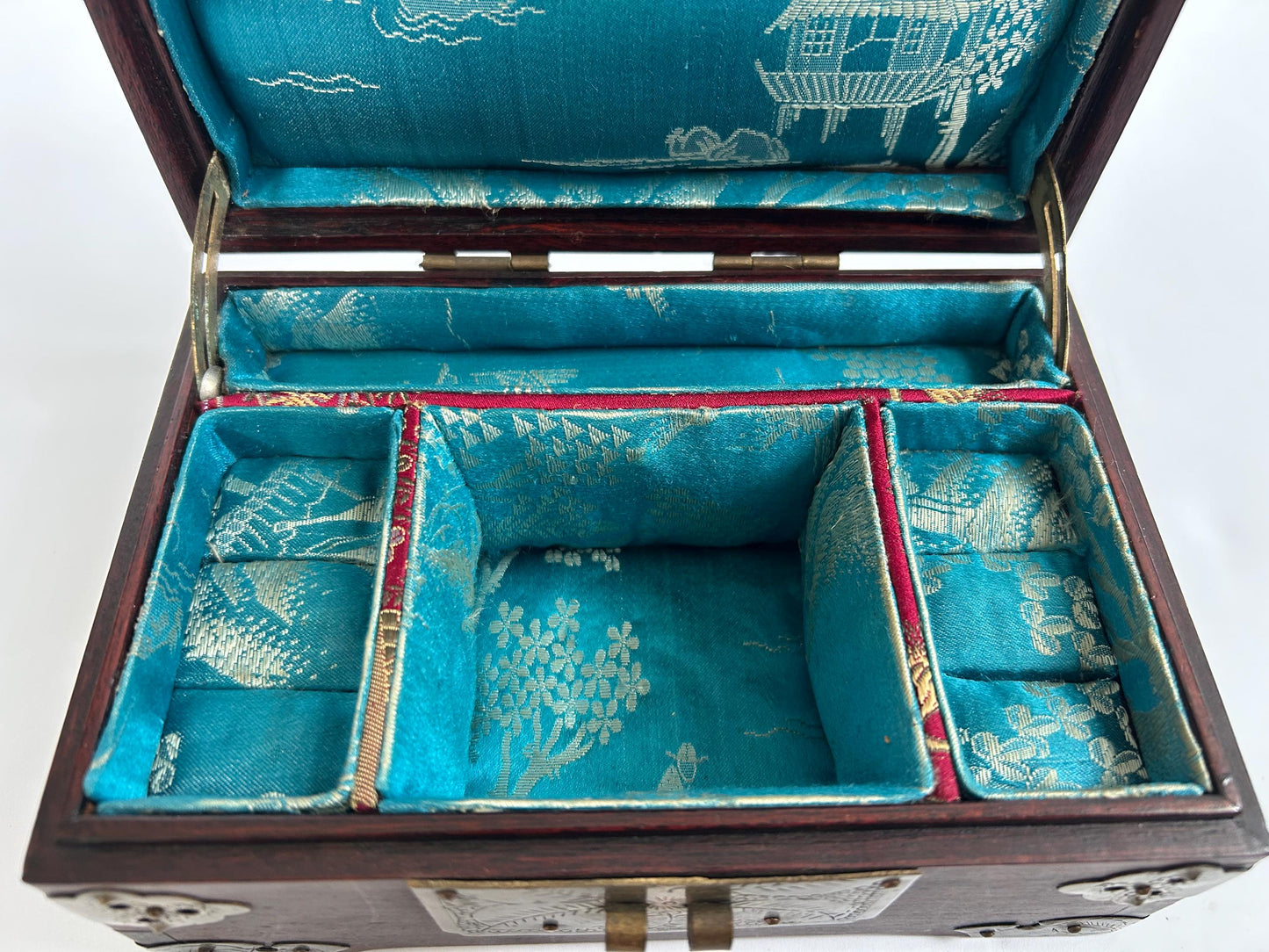 Vintage Chinese Rosewood Jewelry Box Carved Jade Brass Silk Lined