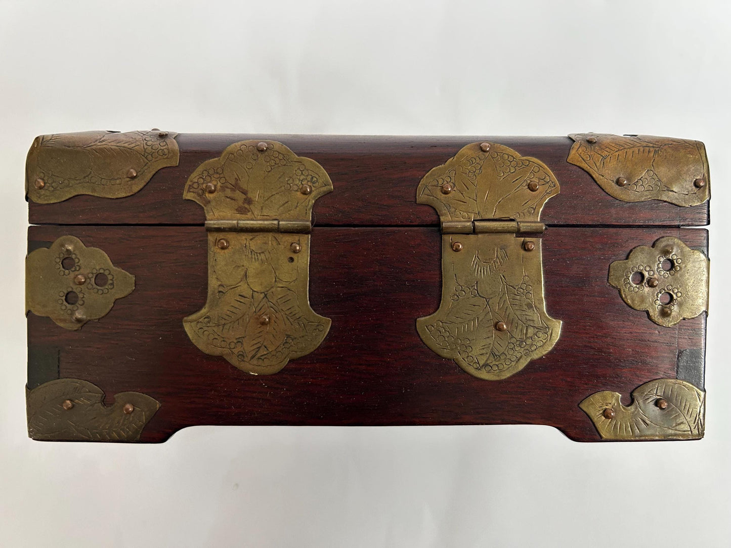 Vintage Chinese Rosewood Jewelry Box Carved Jade Brass Silk Lined
