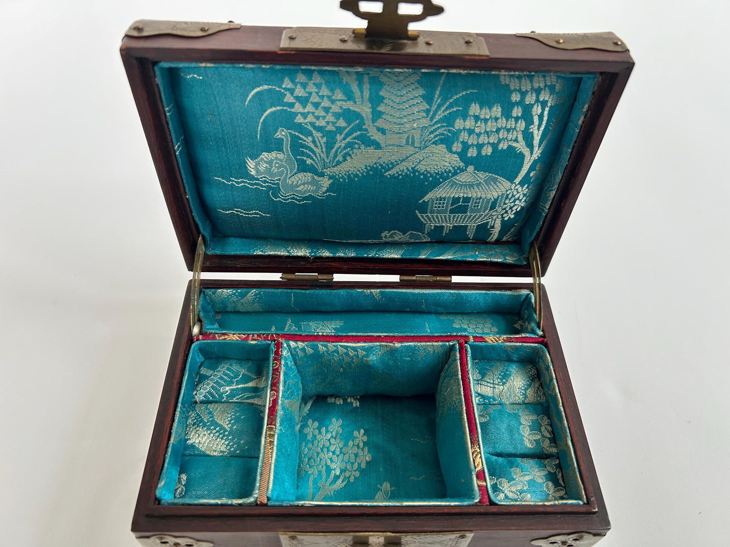 Vintage Chinese Rosewood Jewelry Box Carved Jade Brass Silk Lined