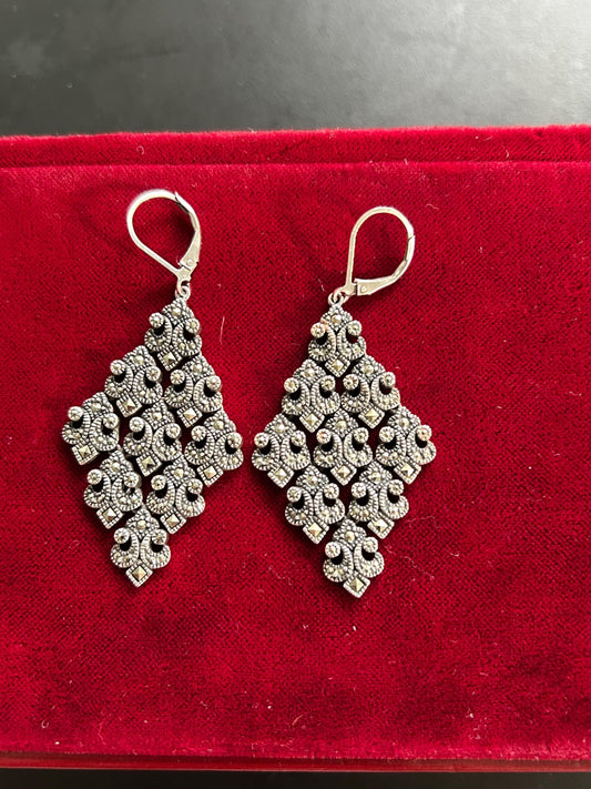 Vintage Sterling Silver Marcasite Chandelier Drop Earrings 925