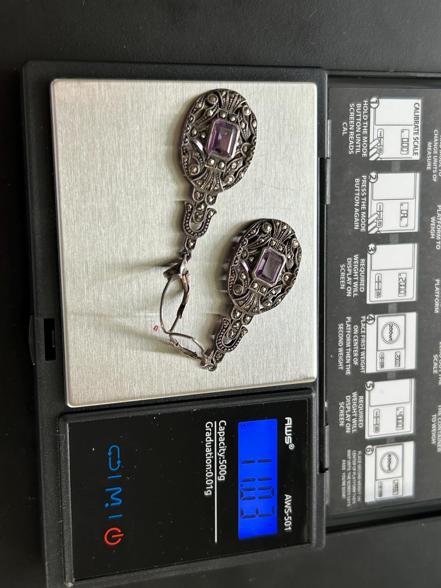 Antique Art Deco Sterling Silver Amethyst Marcasite Drop Earrings