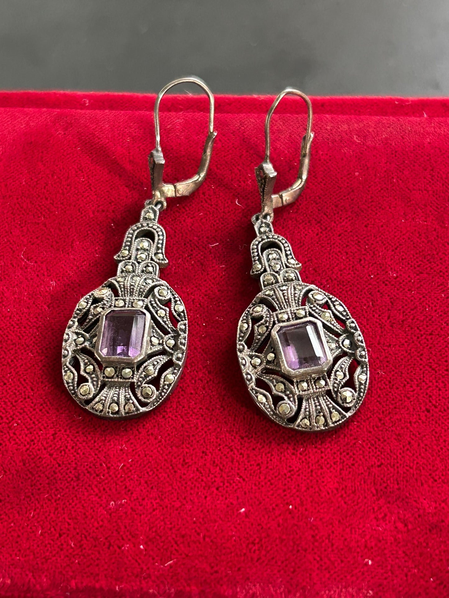Antique Art Deco Sterling Silver Amethyst Marcasite Drop Earrings