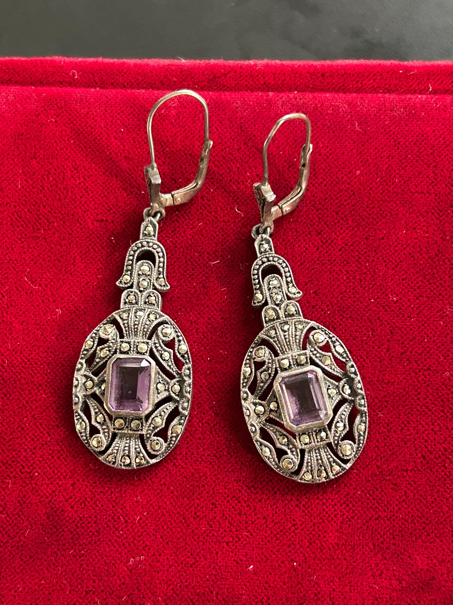 Antique Art Deco Sterling Silver Amethyst Marcasite Drop Earrings