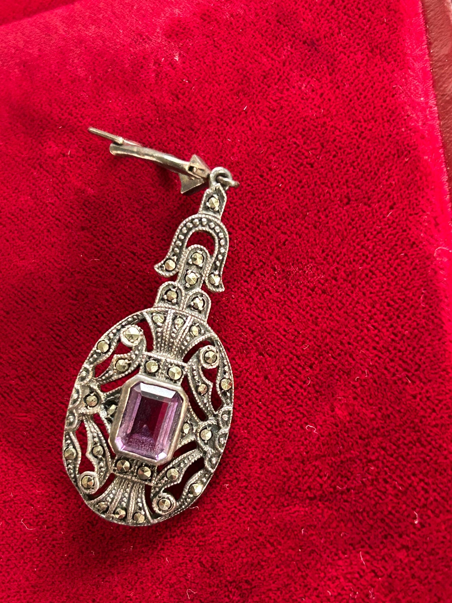 Antique Art Deco Sterling Silver Amethyst Marcasite Drop Earrings