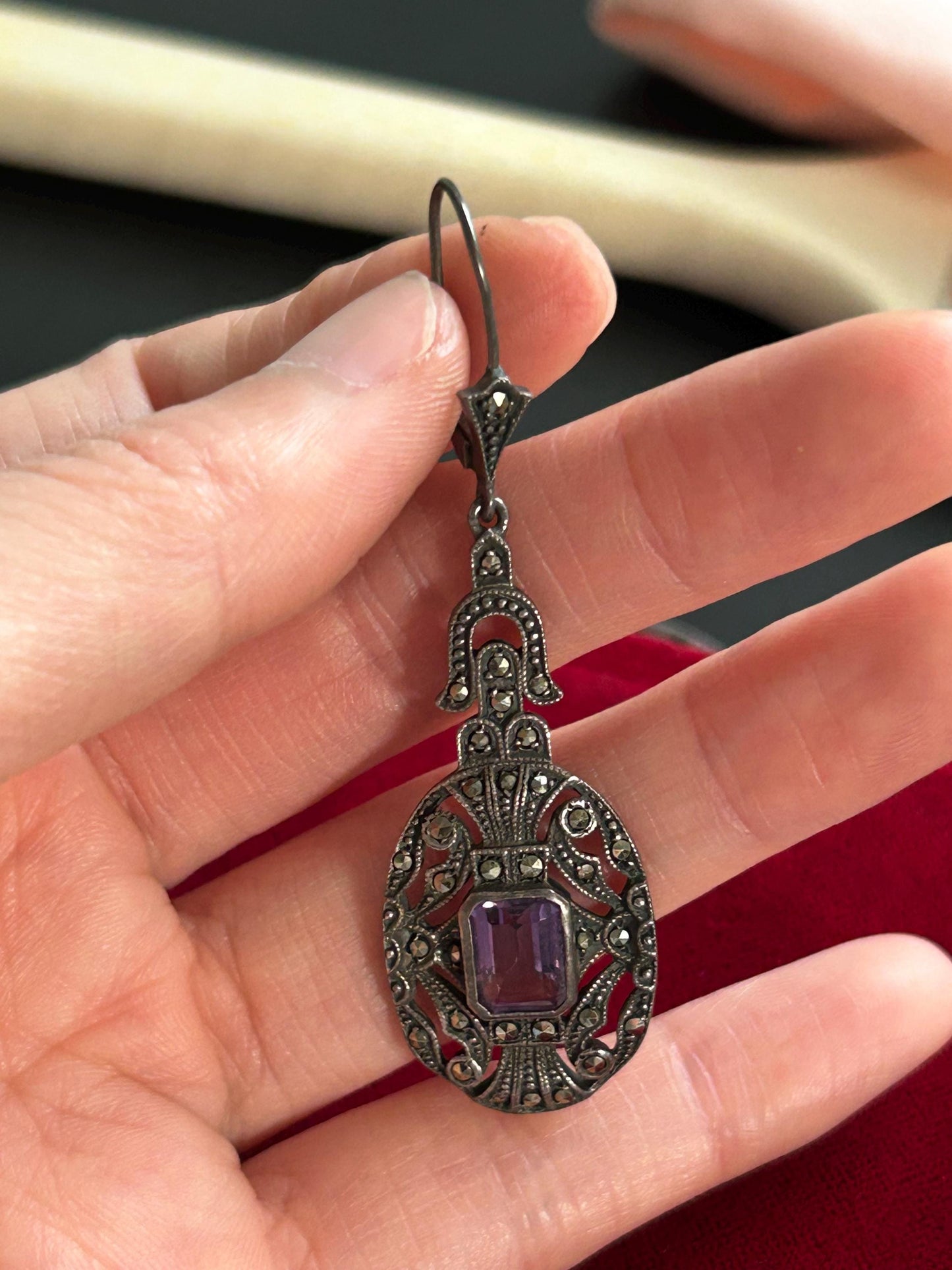 Antique Art Deco Sterling Silver Amethyst Marcasite Drop Earrings