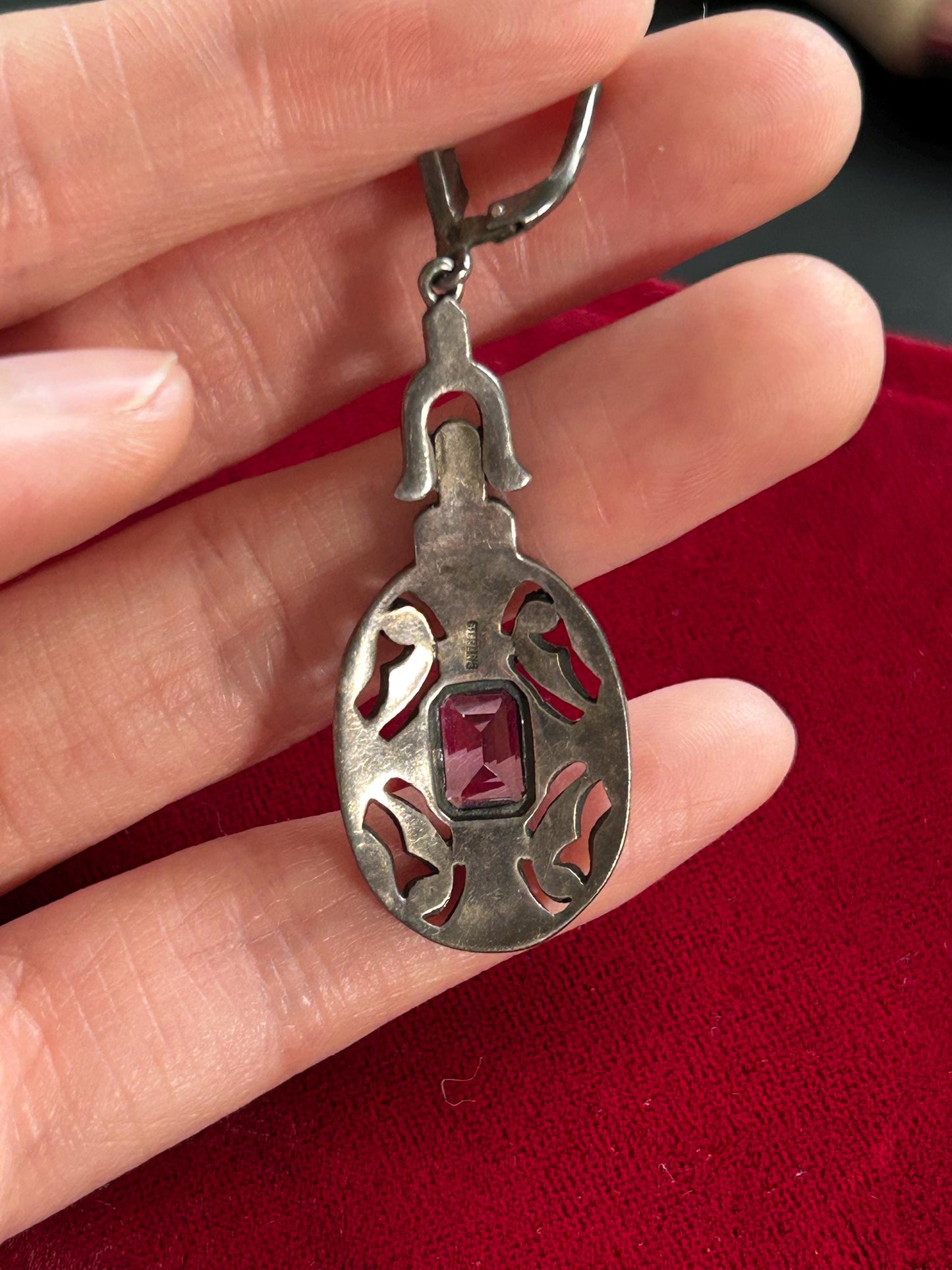 Antique Art Deco Sterling Silver Amethyst Marcasite Drop Earrings