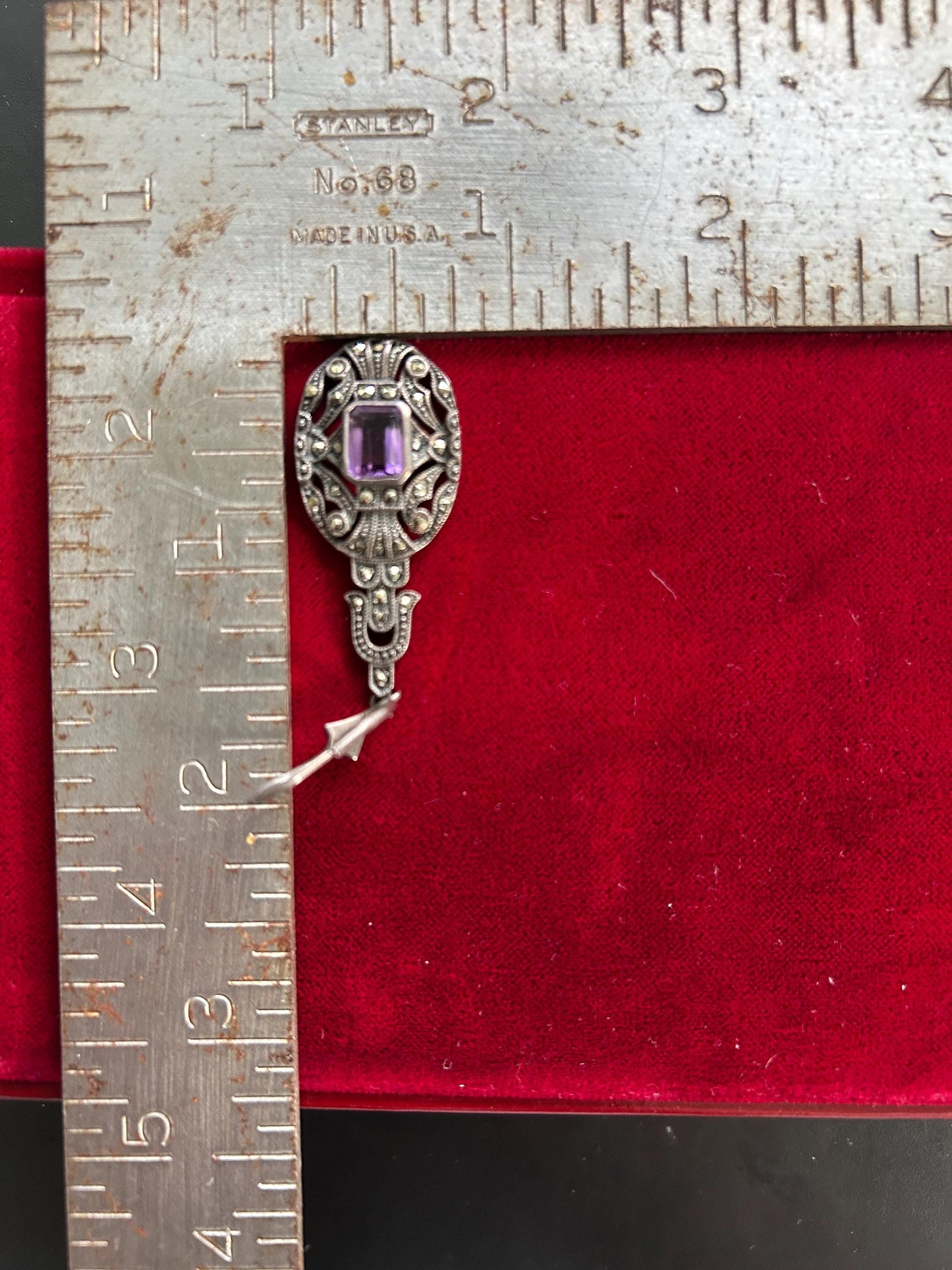 Antique Art Deco Sterling Silver Amethyst Marcasite Drop Earrings