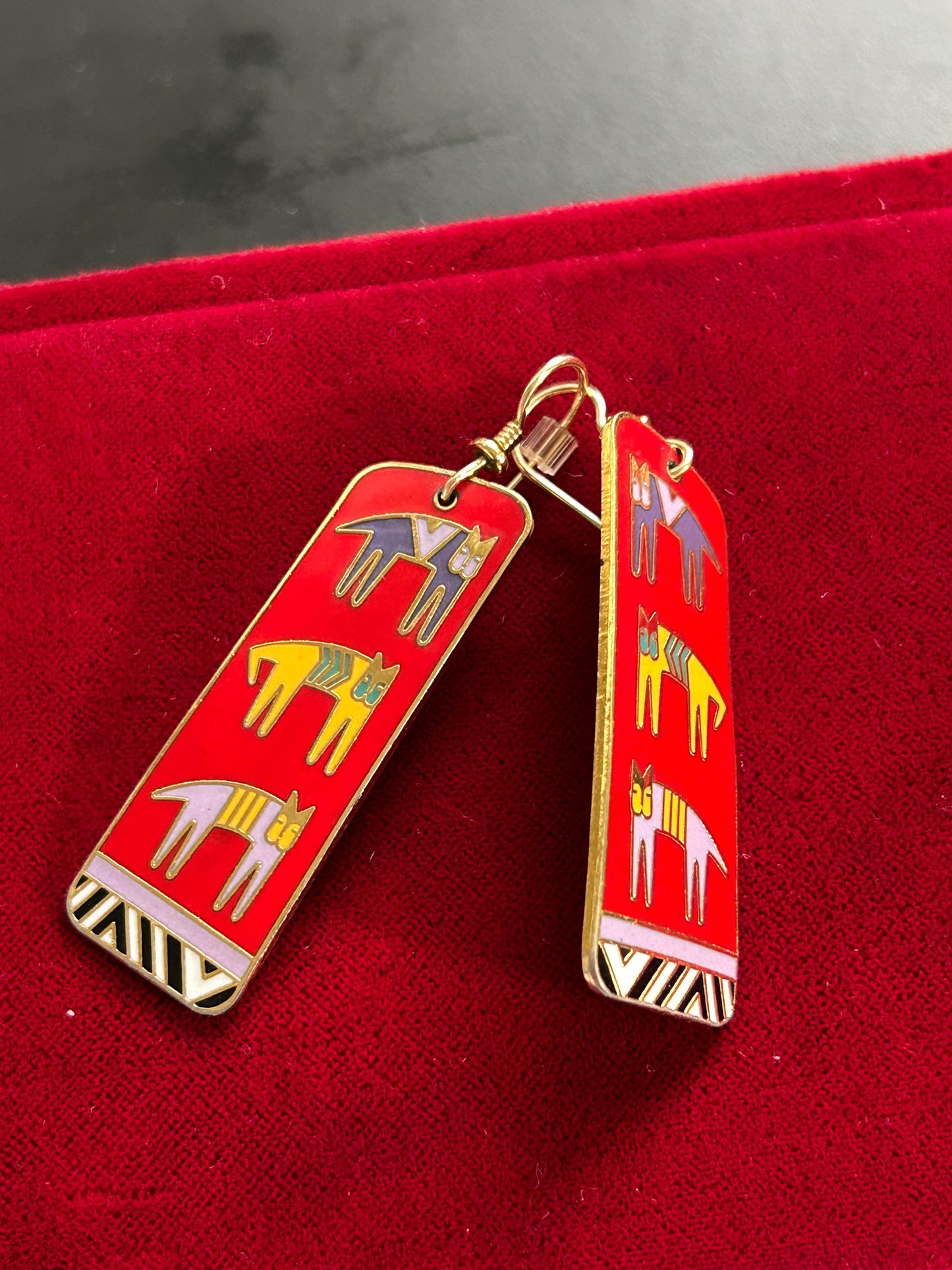 Vintage Laurel Burch Hieroglyphic Cats Cloisonne Enamel Earrings