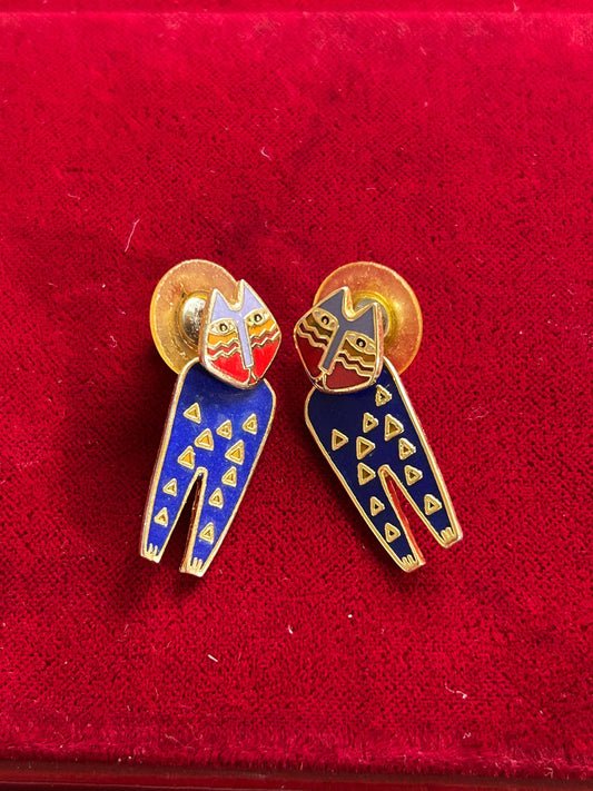 Vintage Laurel Burch MARA Cat Cloisonne Enamel Post Earrings