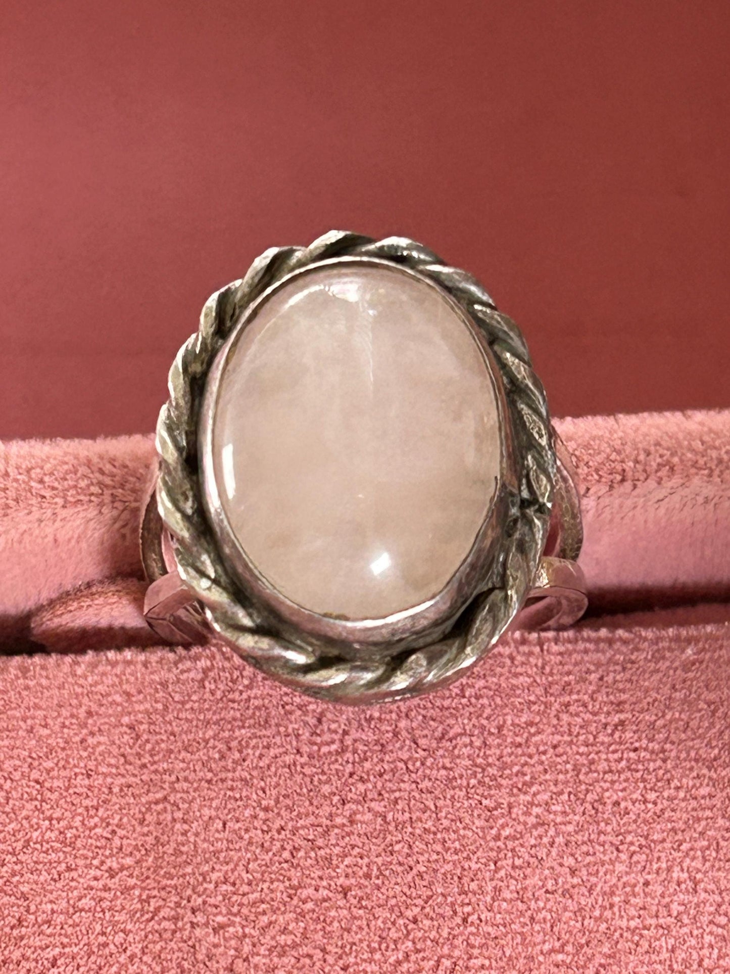 Vintage Sterling Silver Rose Quartz Cabochon Ring Rope Bezel Size 7