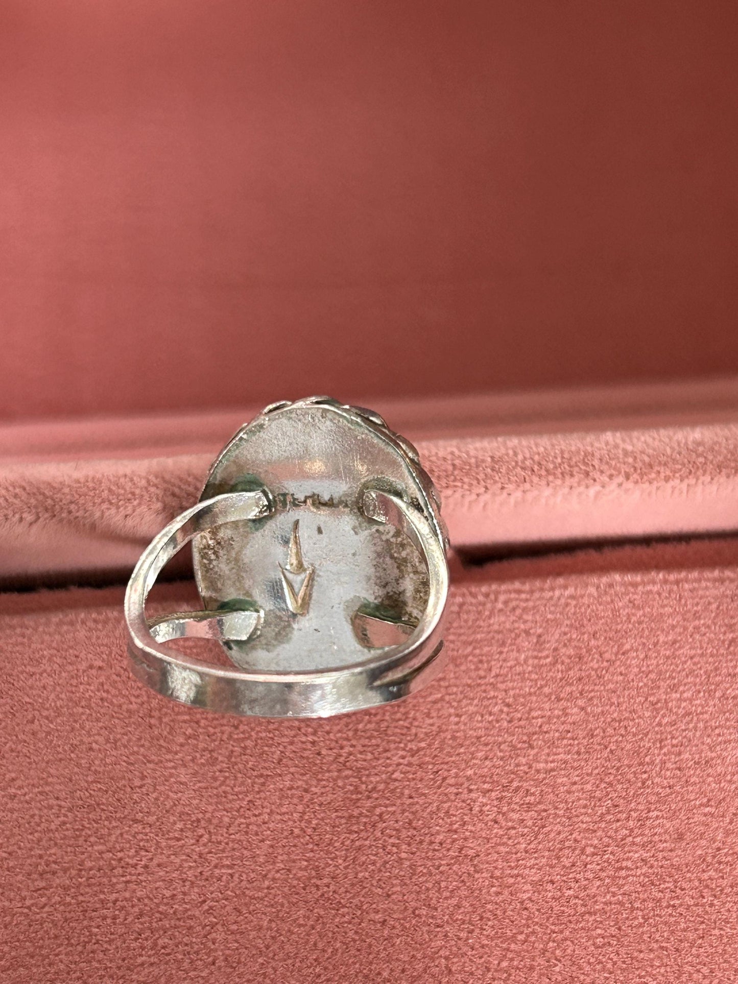 Vintage Sterling Silver Rose Quartz Cabochon Ring Rope Bezel Size 7