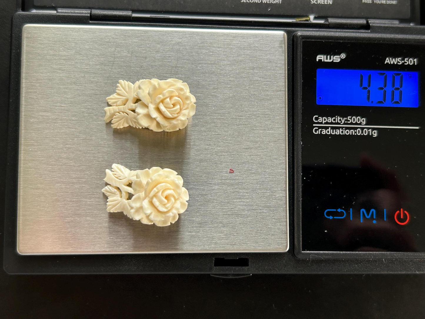 Vintage Hand Carved Rose Brooch Clip Earrings Set Floral Demi Parure