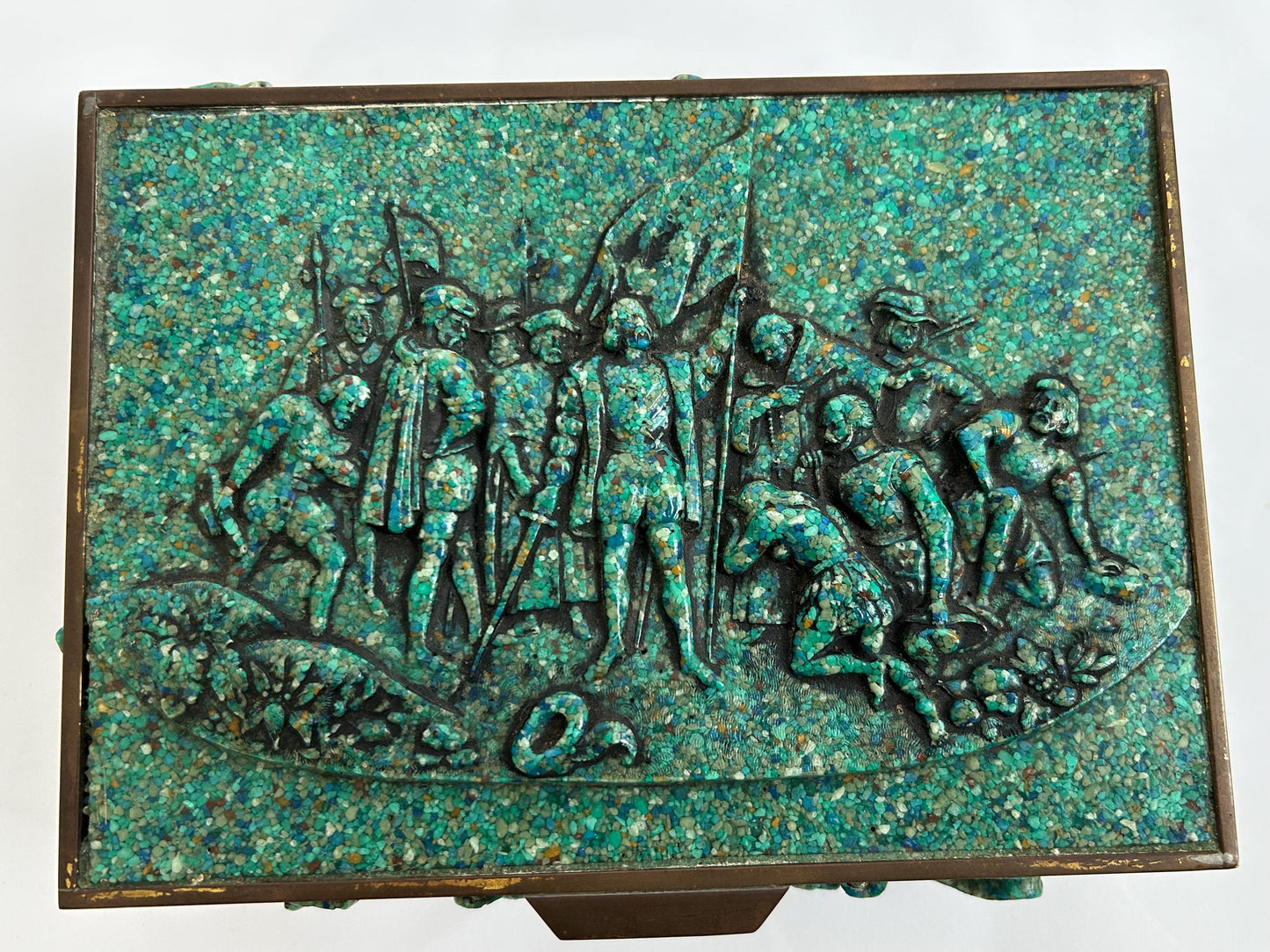 El Arte Azteca Brass Malachite Hinged Box Mexico Vintage MCM 1960s Aztec