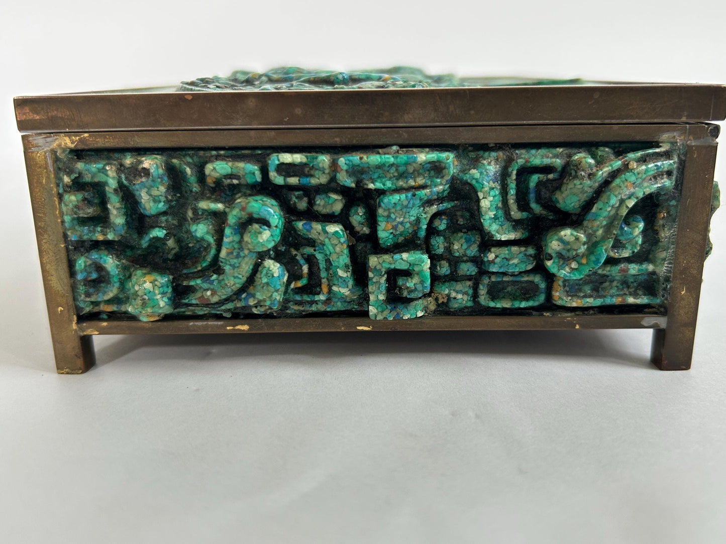 El Arte Azteca Brass Malachite Hinged Box Mexico Vintage MCM 1960s Aztec