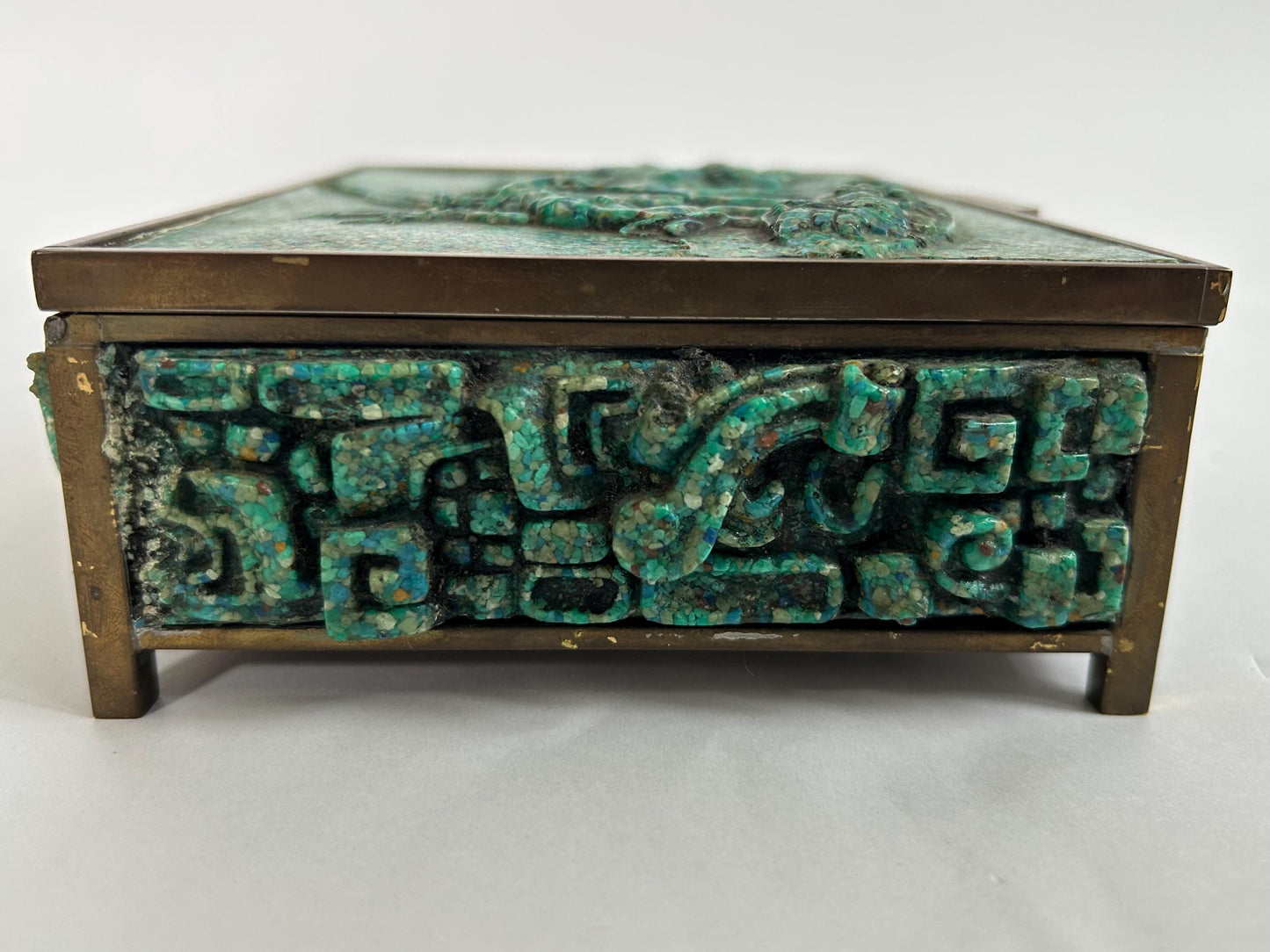 El Arte Azteca Brass Malachite Hinged Box Mexico Vintage MCM 1960s Aztec