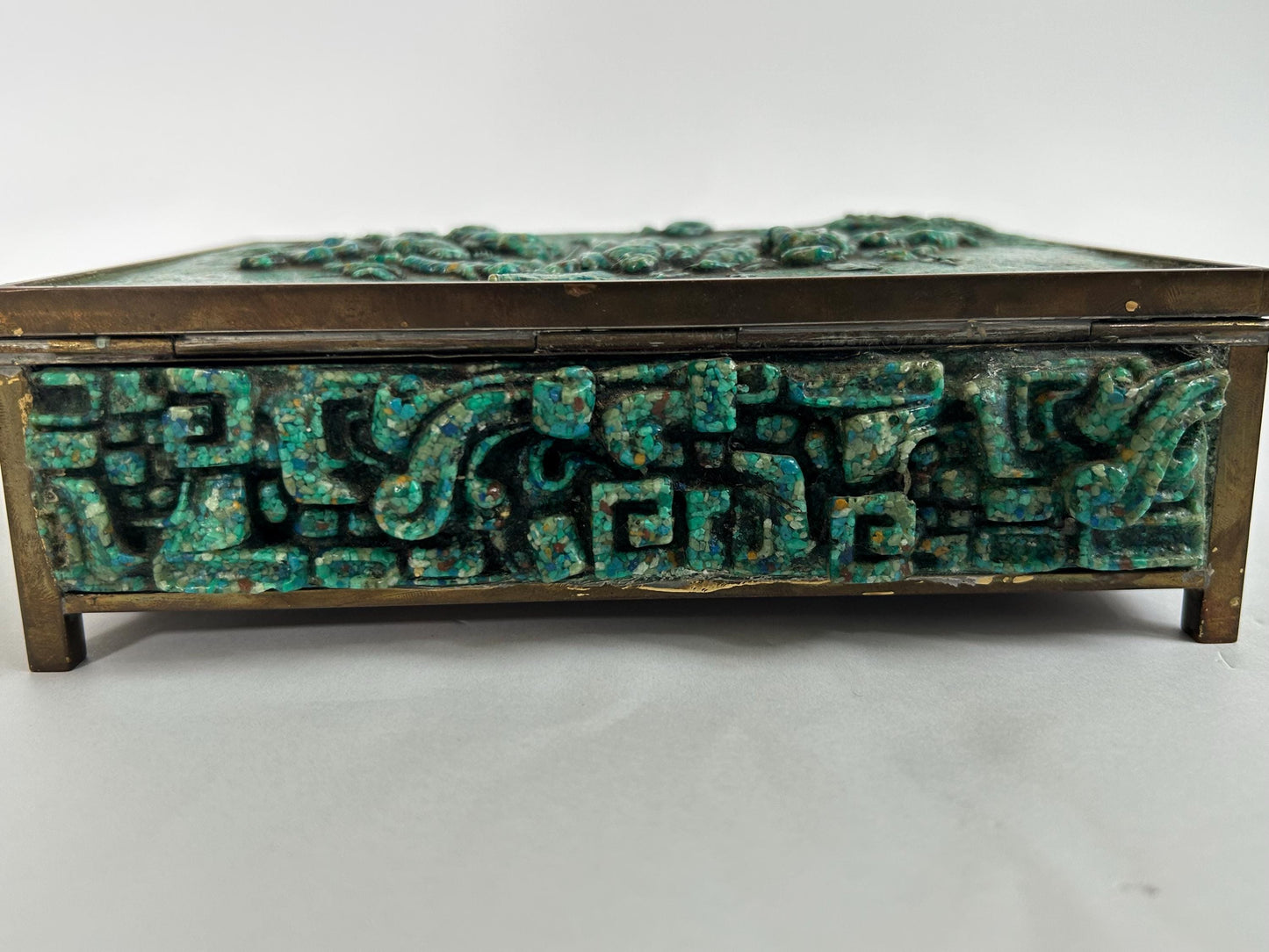 El Arte Azteca Brass Malachite Hinged Box Mexico Vintage MCM 1960s Aztec