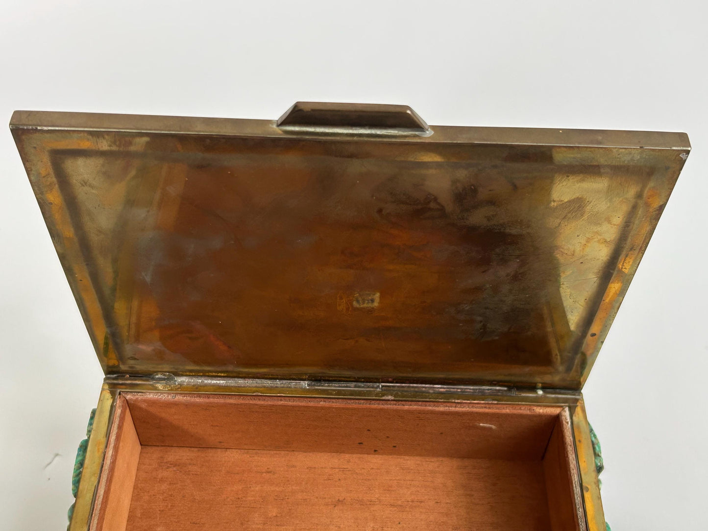 El Arte Azteca Brass Malachite Hinged Box Mexico Vintage MCM 1960s Aztec