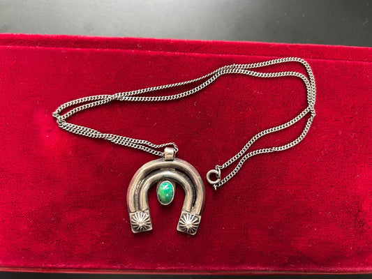 Vintage Sterling Silver Horseshoe Turquoise Pendant Necklace Southwest