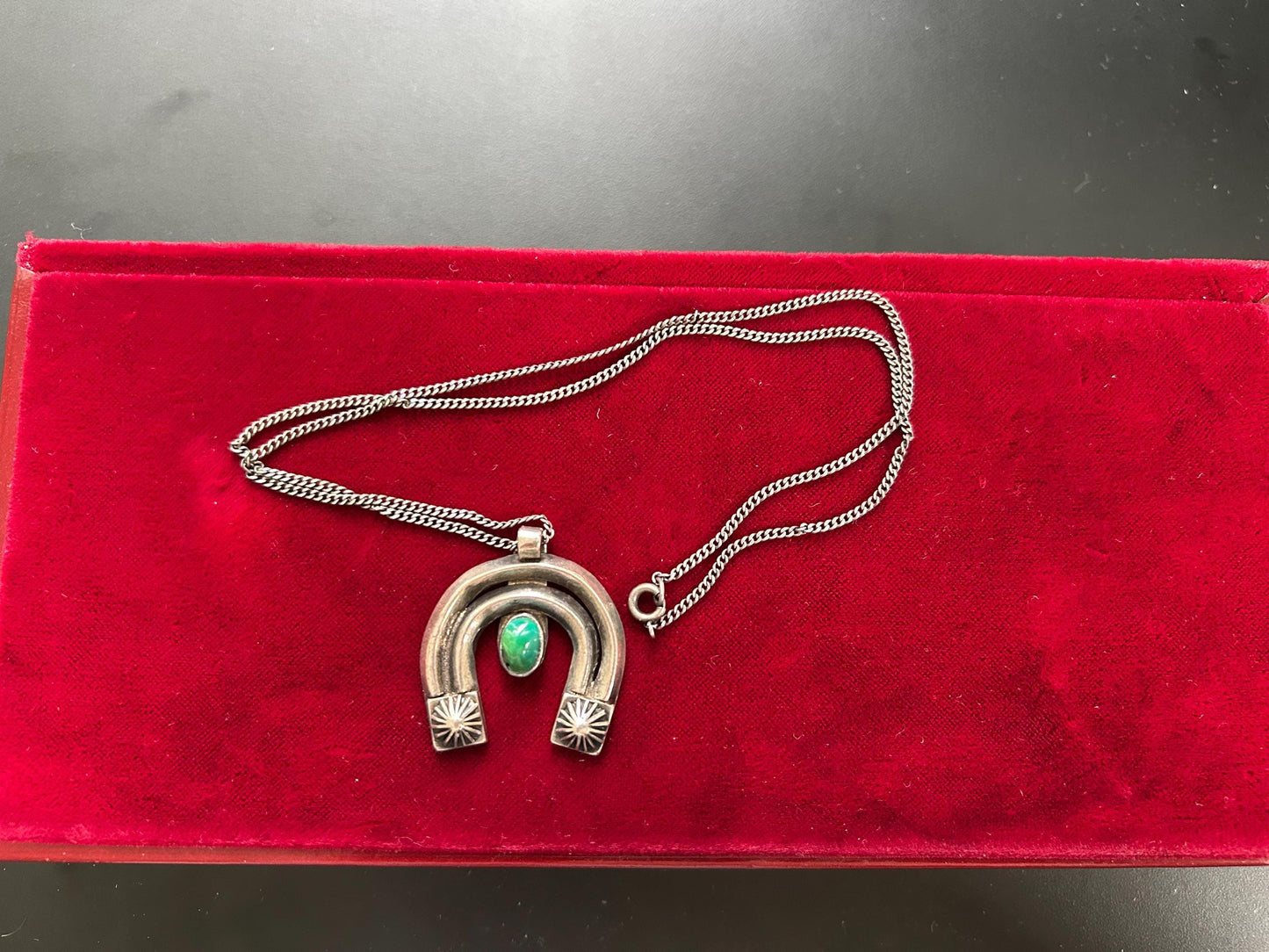 Vintage Sterling Silver Horseshoe Turquoise Pendant Necklace Southwest