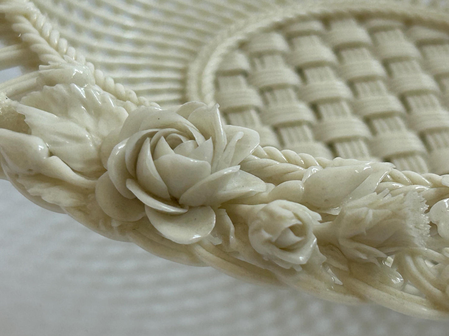 Antique Belleek Basket c.1921-1954, Hand-Woven Irish Porcelain, Applied Roses Shamrocks, 4-Strand Black Mark Era, Fermanagh Ireland