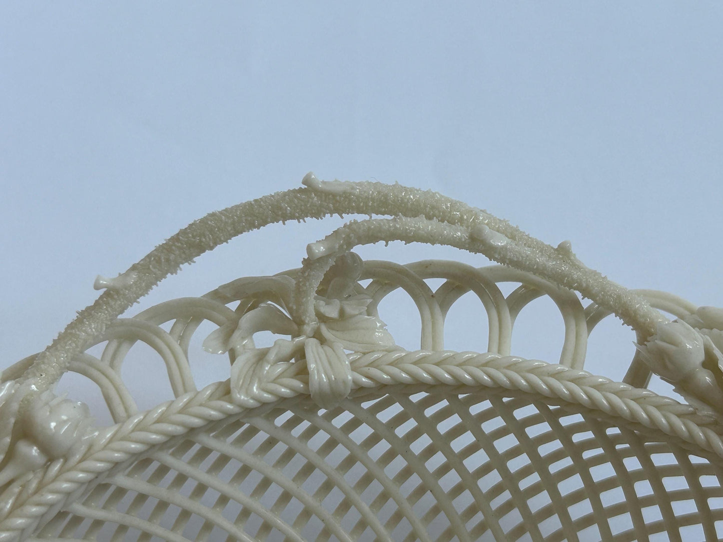 Antique Belleek Basket c.1921-1954, Hand-Woven Irish Porcelain, Applied Roses Shamrocks, 4-Strand Black Mark Era, Fermanagh Ireland