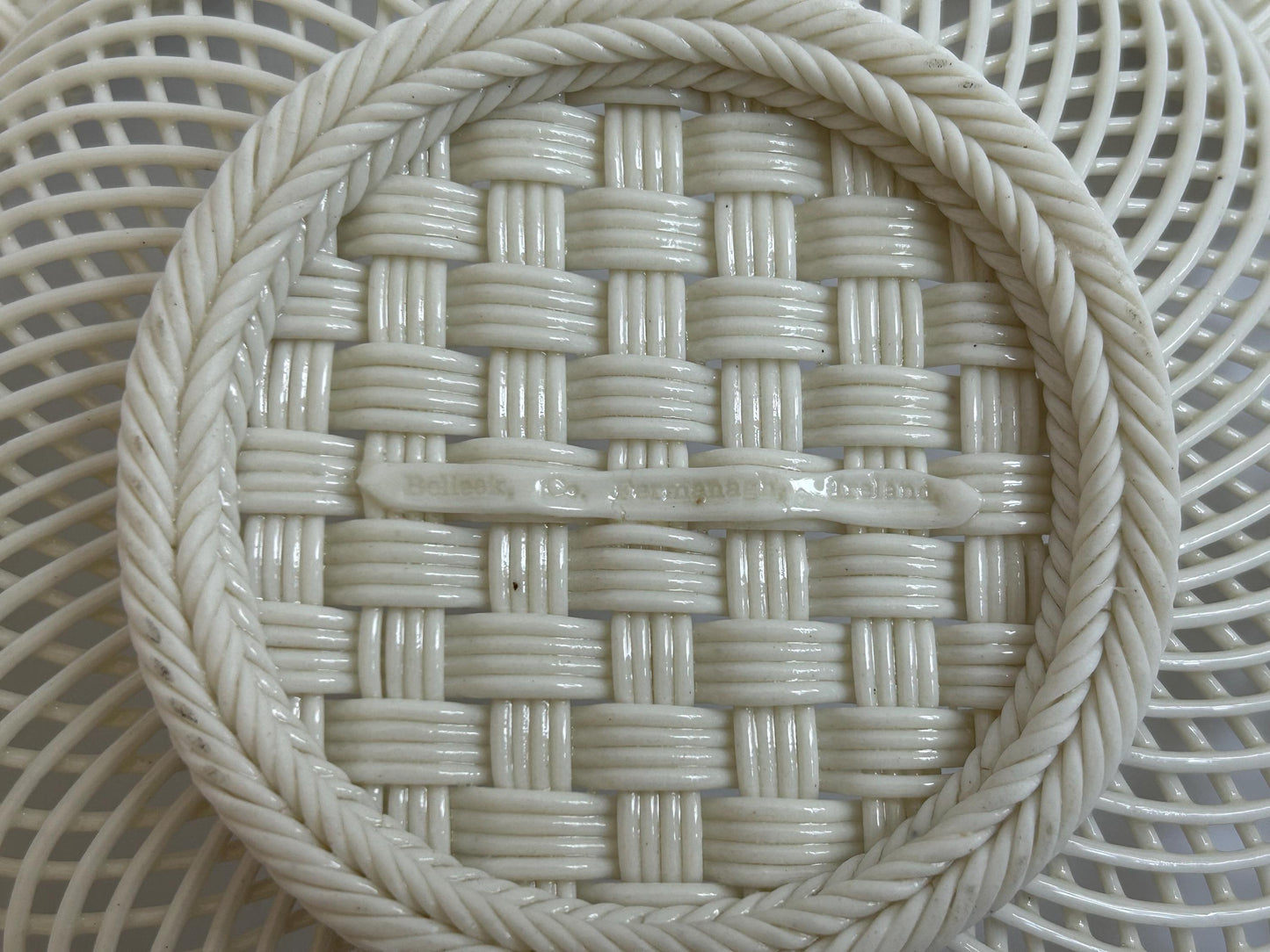 Antique Belleek Basket c.1921-1954, Hand-Woven Irish Porcelain, Applied Roses Shamrocks, 4-Strand Black Mark Era, Fermanagh Ireland