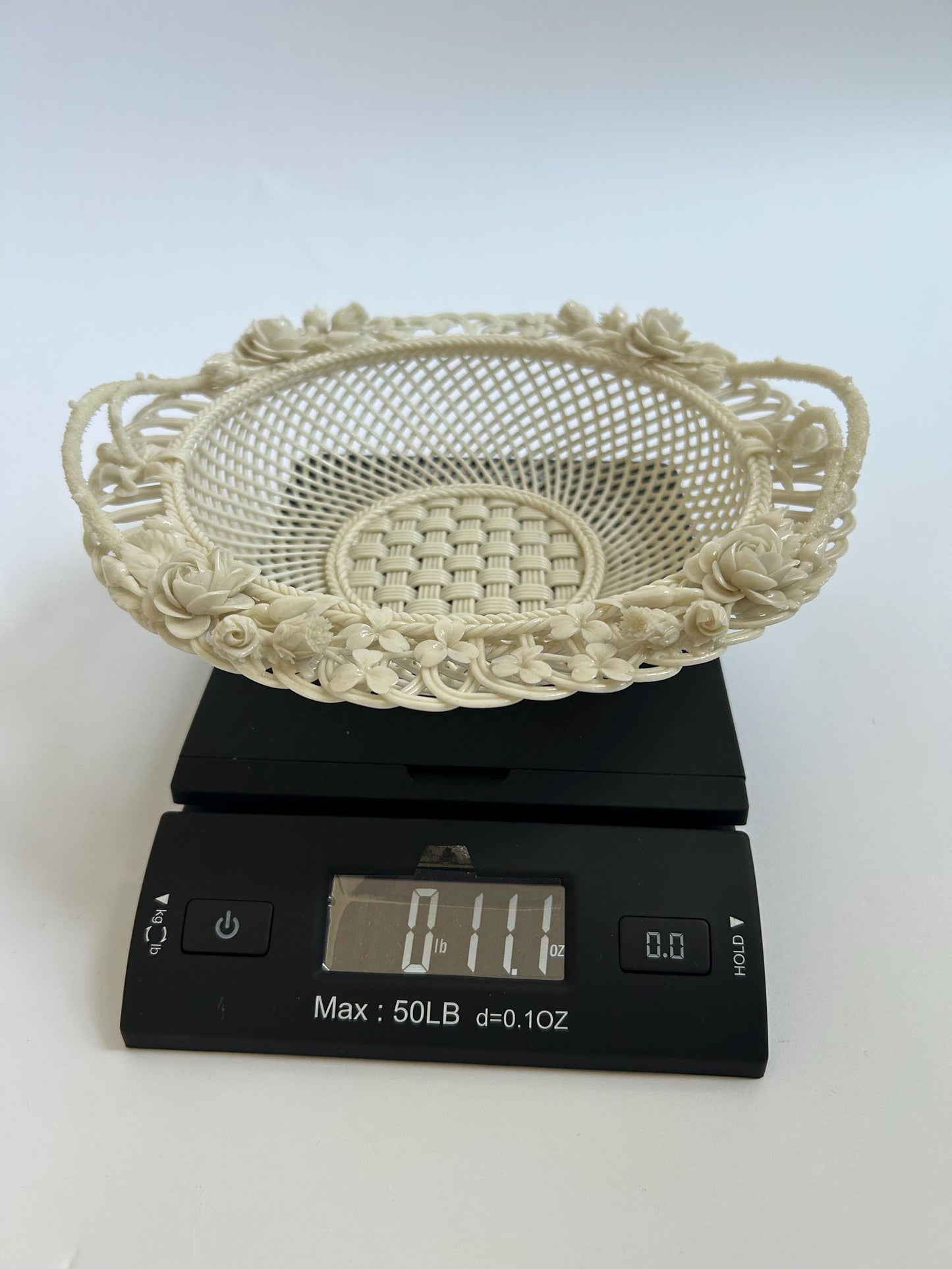 Antique Belleek Basket c.1921-1954, Hand-Woven Irish Porcelain, Applied Roses Shamrocks, 4-Strand Black Mark Era, Fermanagh Ireland
