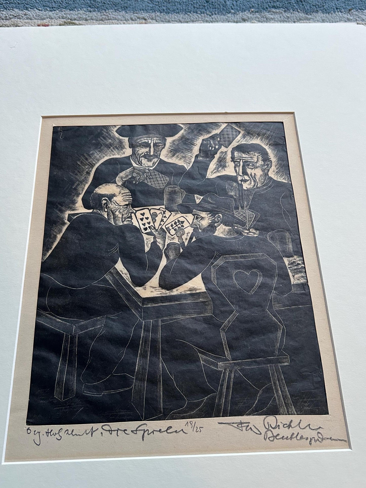 Fritz Richter Die Spieler Original Woodcut Signed Numbered 19/25 German Expressionist Card Players Print Berchtesgaden 1930s Art