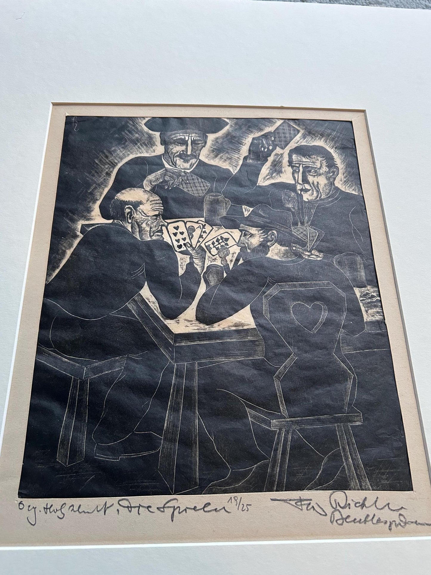 Fritz Richter Die Spieler Original Woodcut Signed Numbered 19/25 German Expressionist Card Players Print Berchtesgaden 1930s Art