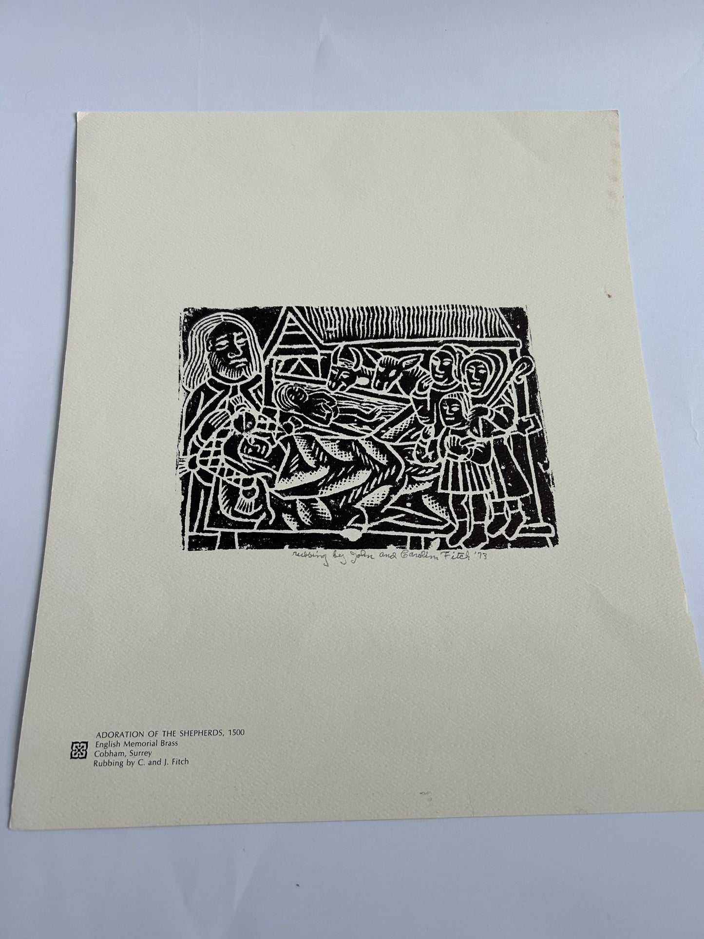 Rare 1973 Brass Rubbing Adoration of the Shepherds Signed Fitch 1500