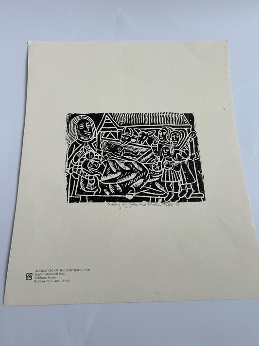 Rare 1973 Brass Rubbing Adoration of the Shepherds Signed Fitch 1500