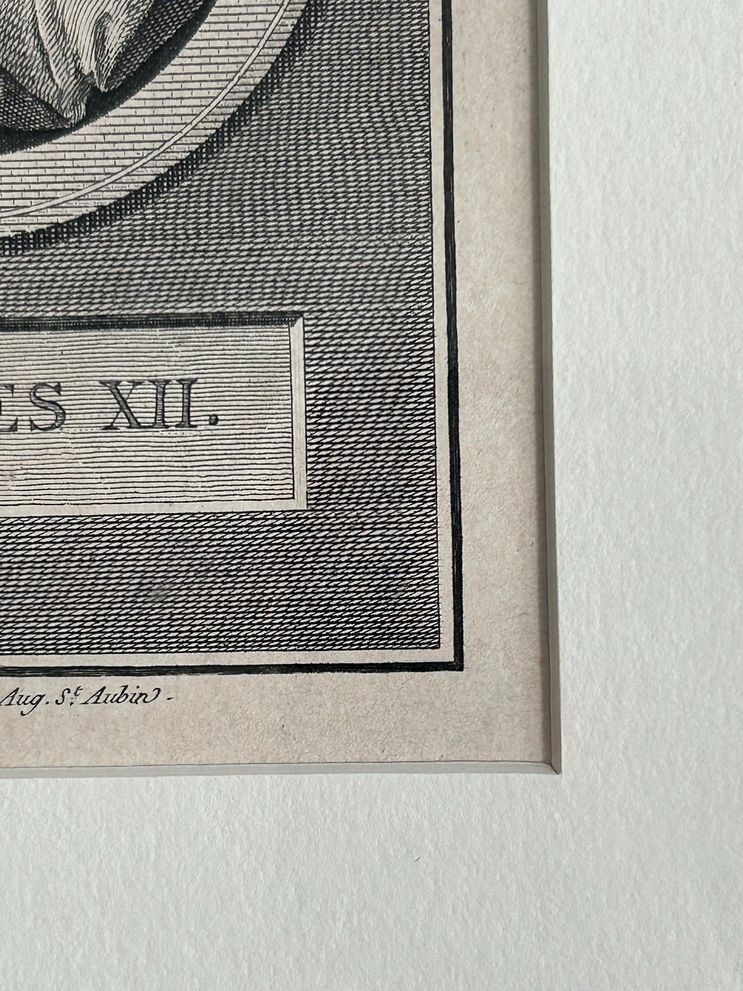 Antique Augustin Saint-Aubin Charles XII Engraving Framed Voltaire
