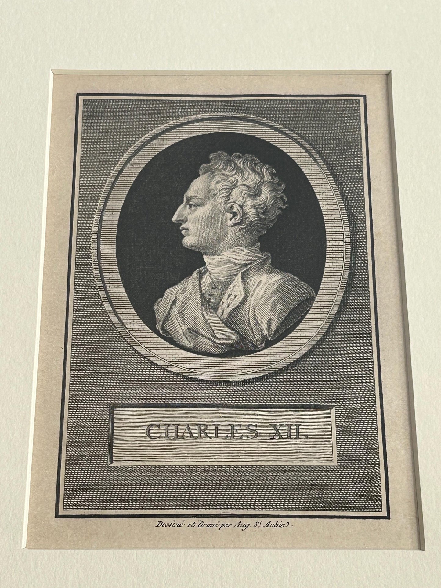 Antique Augustin Saint-Aubin Charles XII Engraving Framed Voltaire