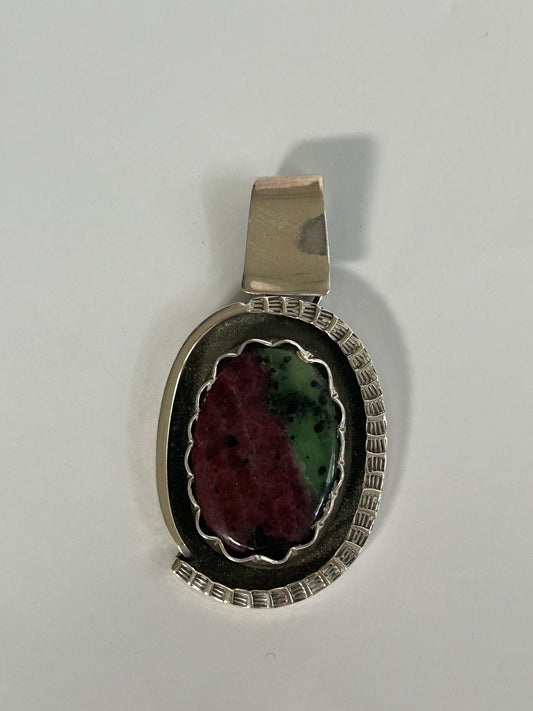 Ruby Zoisite Sterling Silver Pendant Large Statement Navajo Style Handcrafted Oval Cabochon Shadow Box Anyolite Stamped Bail