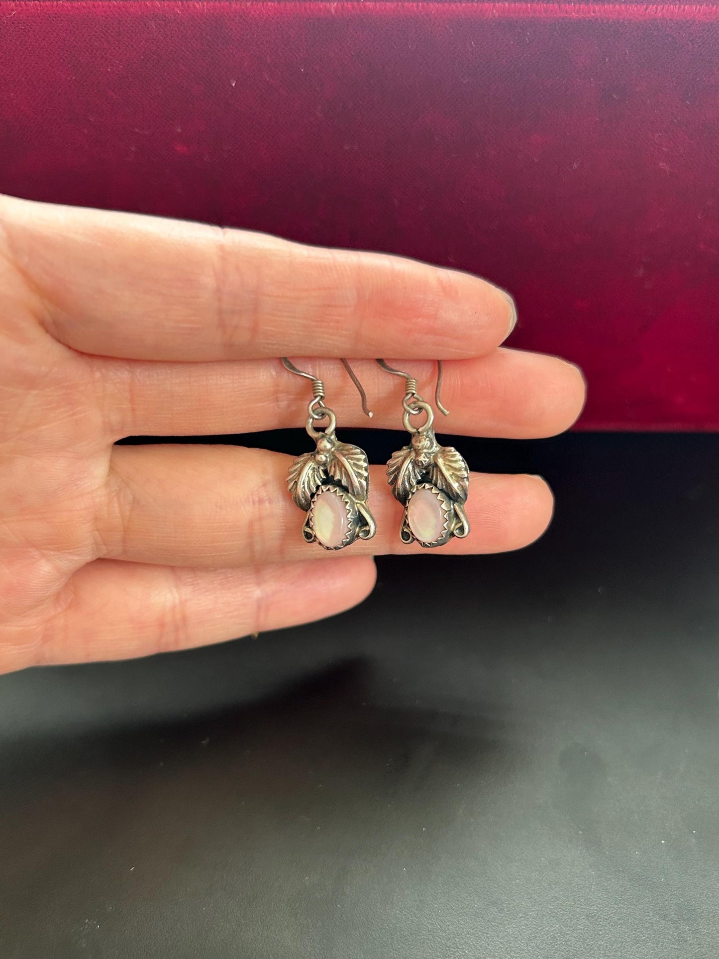 Vintage Navajo Style Mother of Pearl Sterling Silver Leaf Earrings