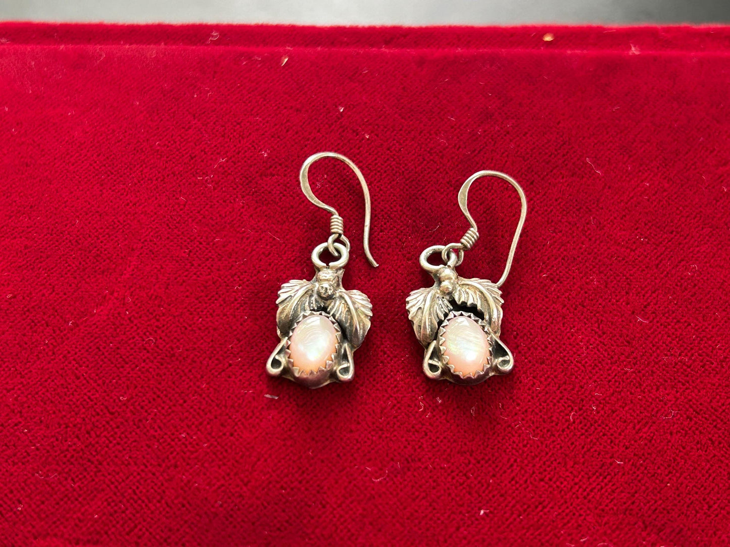 Vintage Navajo Style Mother of Pearl Sterling Silver Leaf Earrings