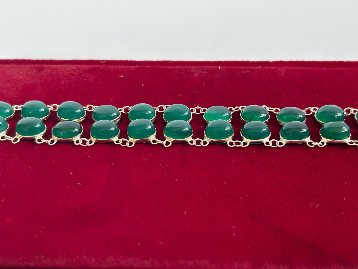 Green Onyx Sterling Silver Cabochon Bracelet, Double Row Statement
