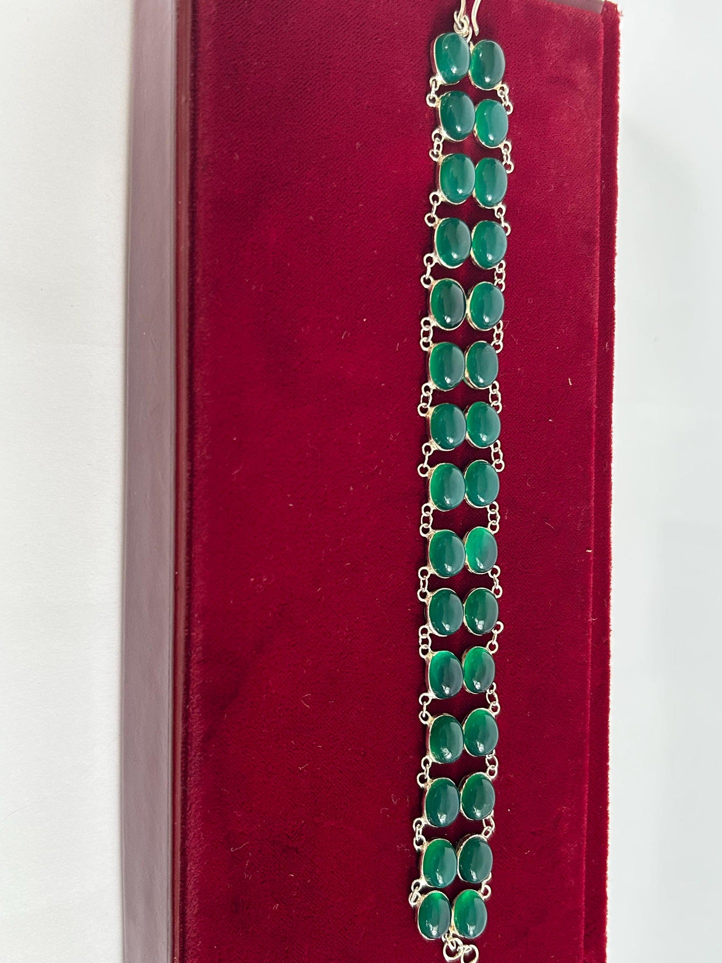 Green Onyx Sterling Silver Cabochon Bracelet, Double Row Statement