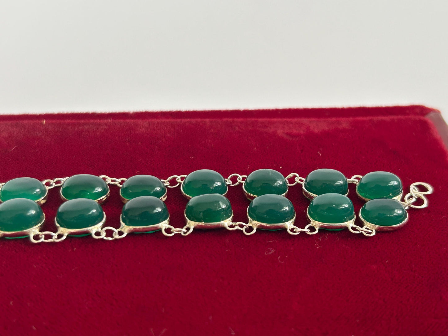 Green Onyx Sterling Silver Cabochon Bracelet, Double Row Statement