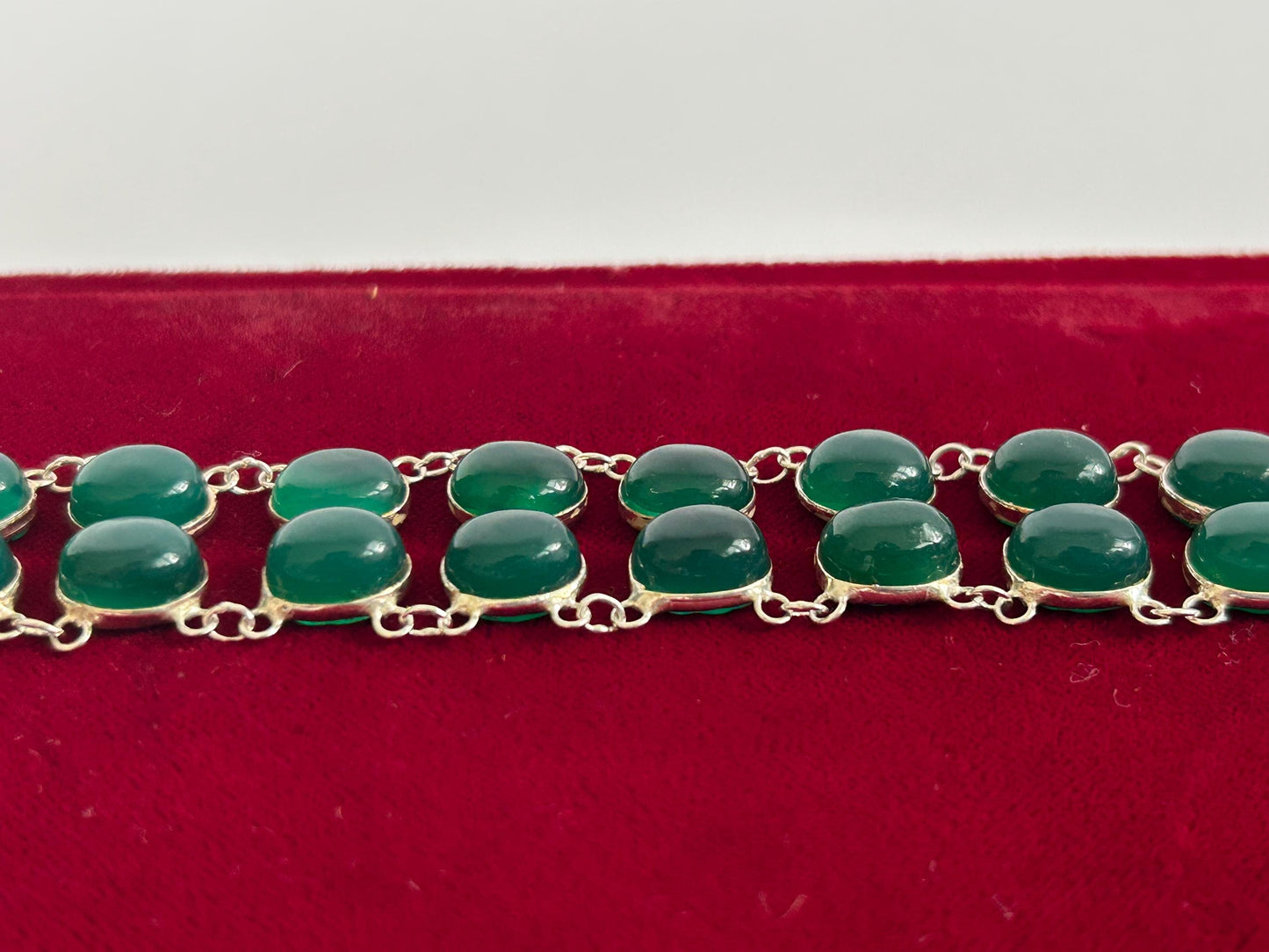 Green Onyx Sterling Silver Cabochon Bracelet, Double Row Statement