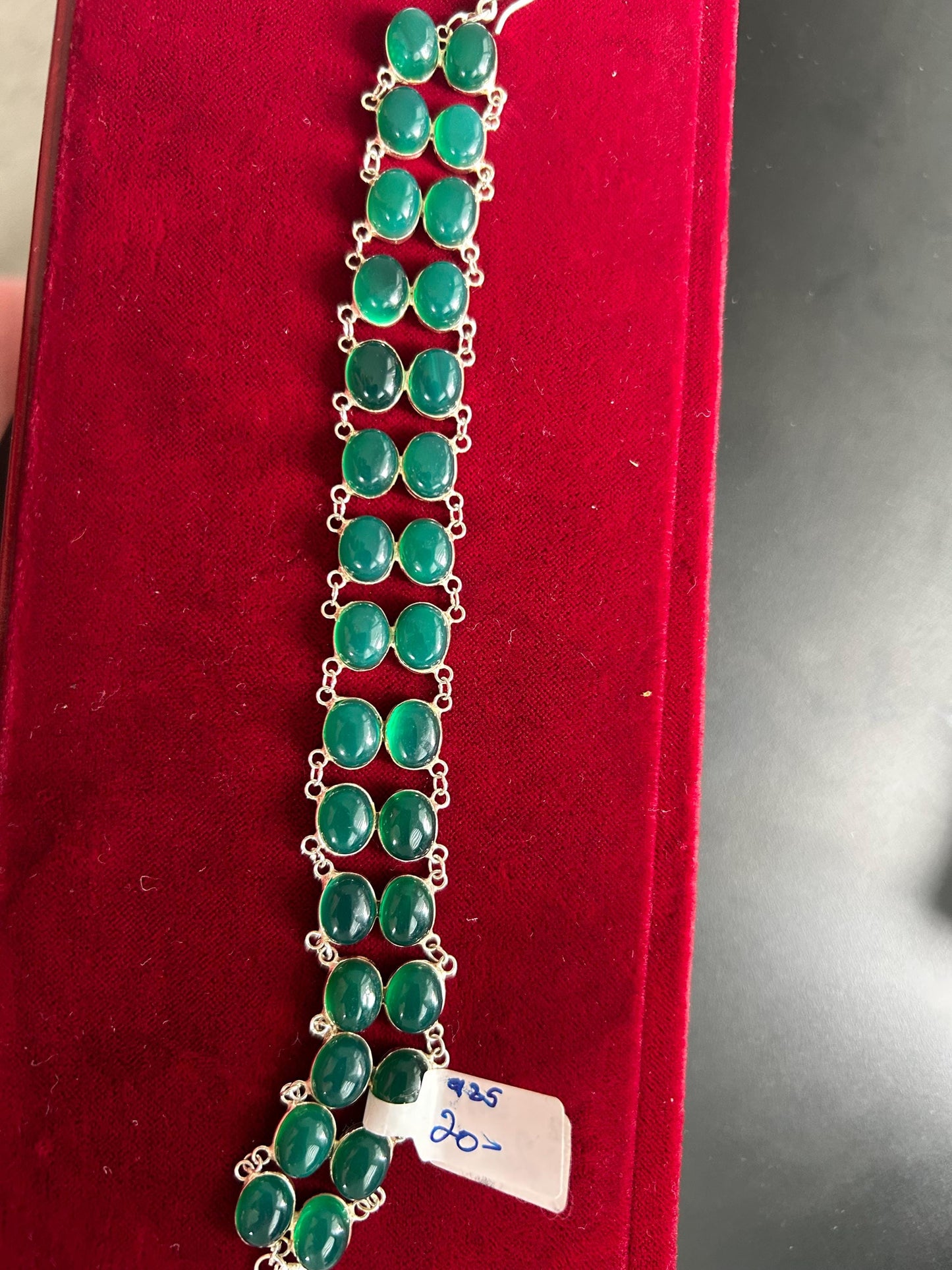 Green Onyx Sterling Silver Cabochon Bracelet, Double Row Statement
