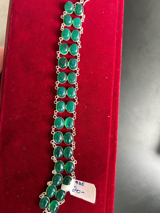 Green Onyx Sterling Silver Cabochon Bracelet, Double Row Statement
