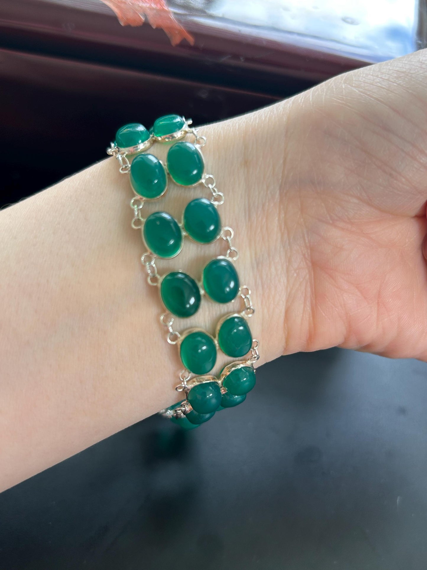 Green Onyx Sterling Silver Cabochon Bracelet, Double Row Statement